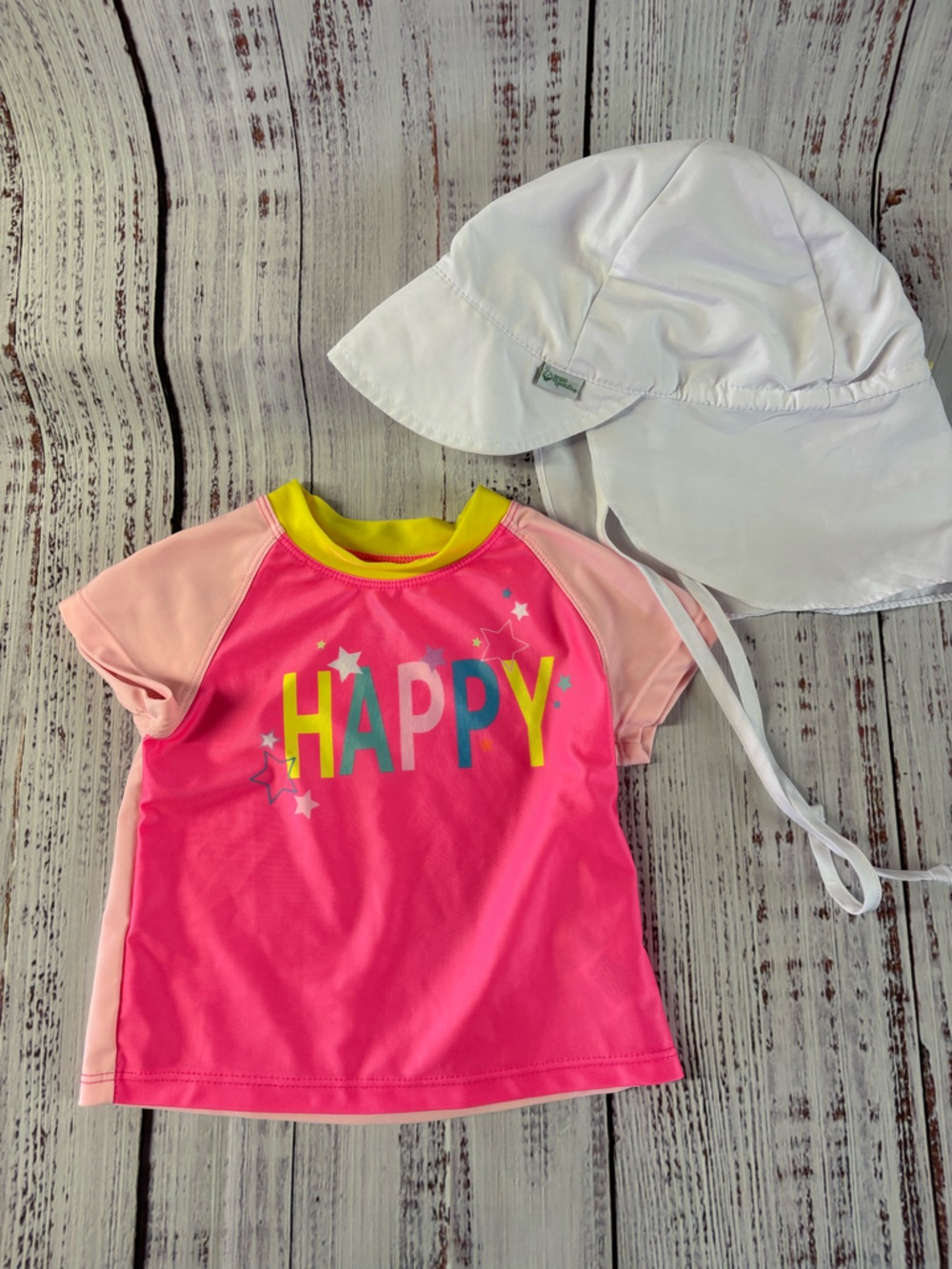 wonder nation Pink and Light Pink "HAPPY" Swim Rashguard with White Sun Hat